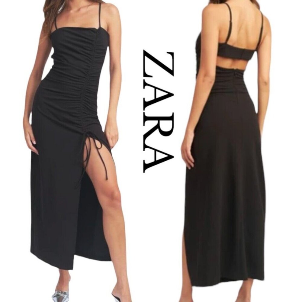 NWT Zara Black Gathered Midi Dress (Size M)